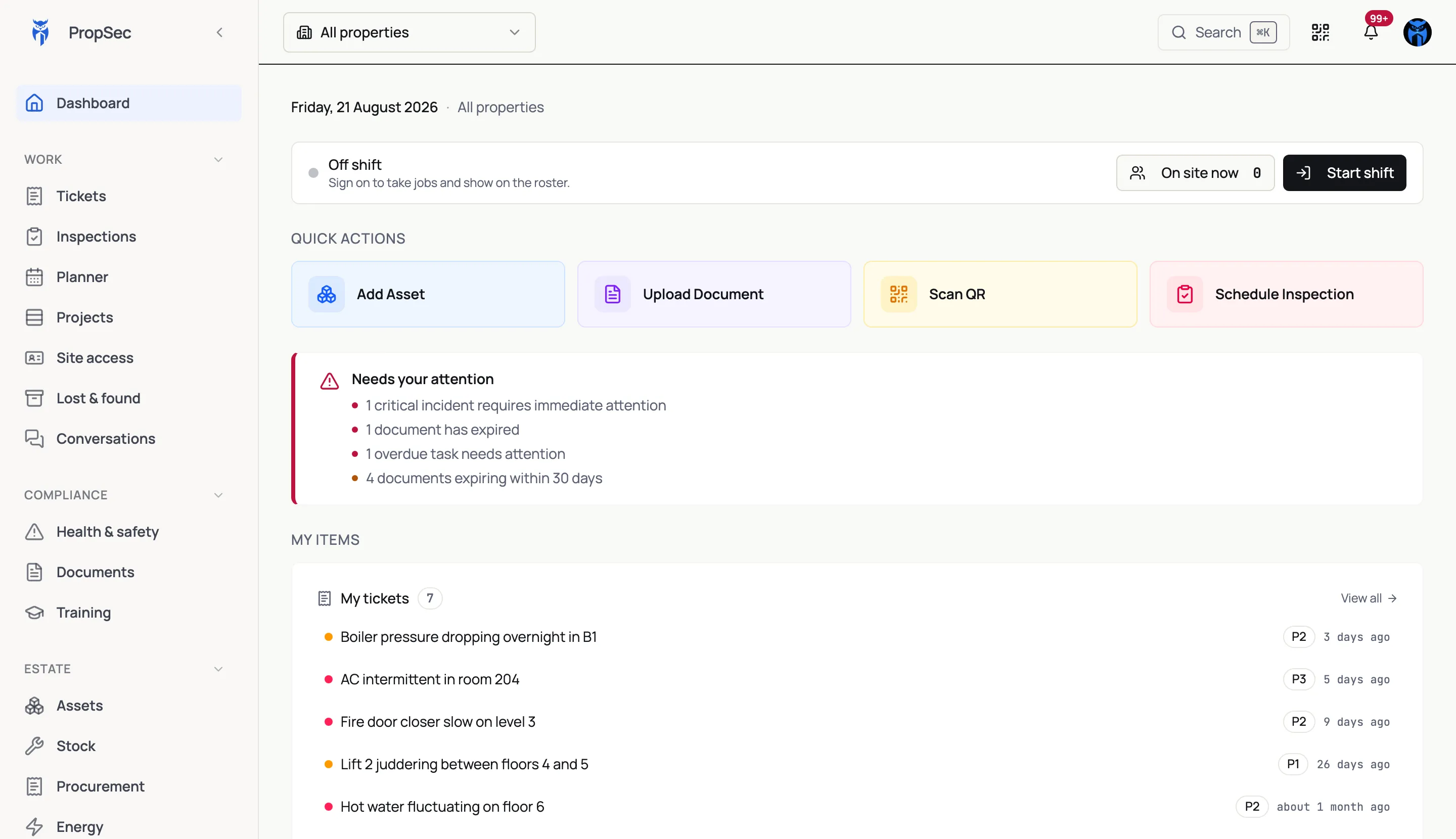 The PropSec dashboard with quick actions, items needing attention and the user's tickets