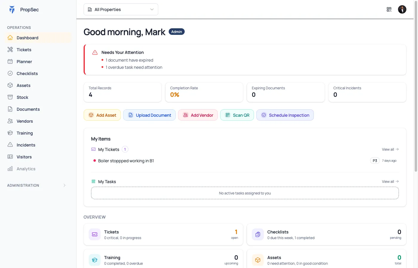 PropSec dashboard: estate compliance and maintenance at a glance