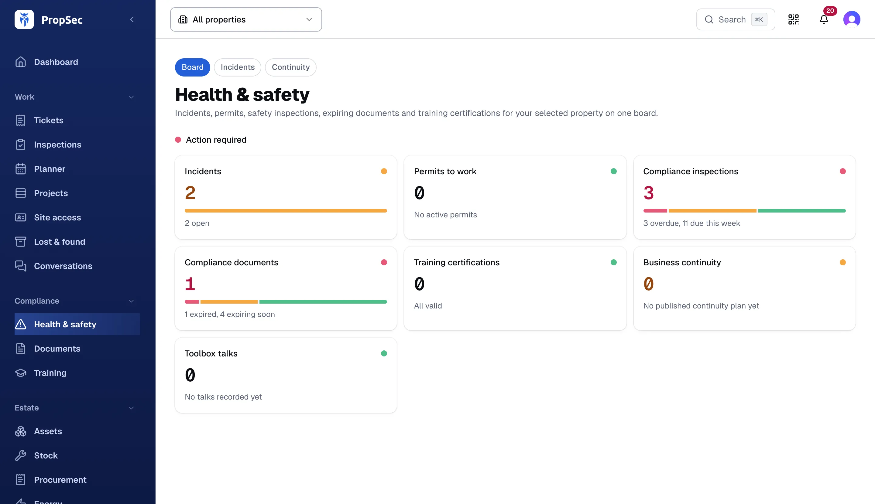 The PropSec health and safety board with incidents, permits, inspections and certifications