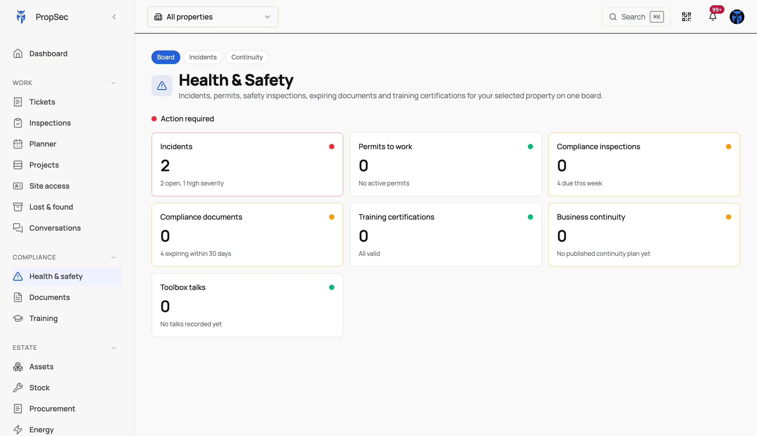 The PropSec health and safety board with incidents, permits, inspections and certifications