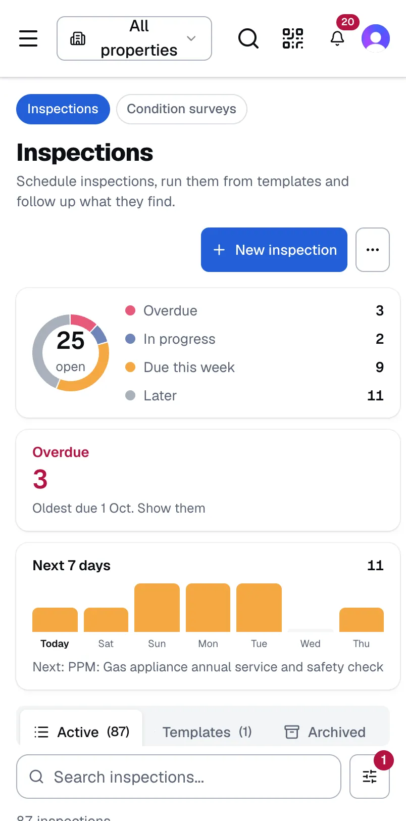 PropSec on a phone: an engineer's inspections, with what is overdue and what is due this week