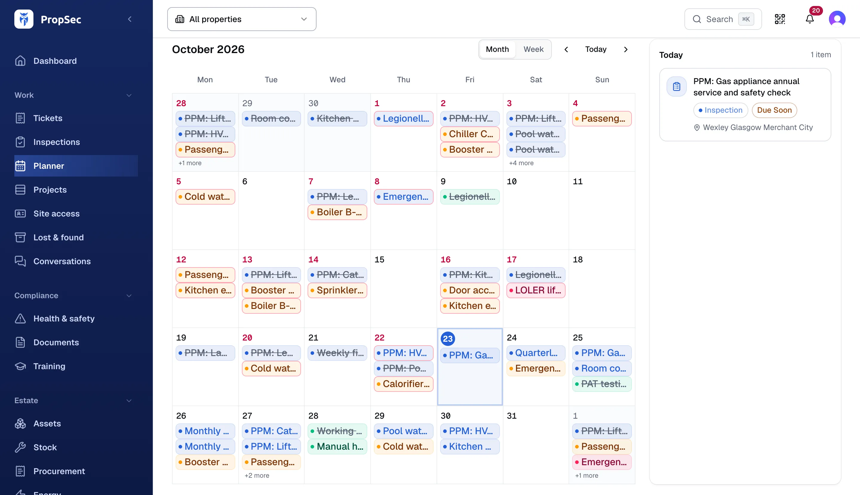 The PropSec planner showing the month's inspections and maintenance visits