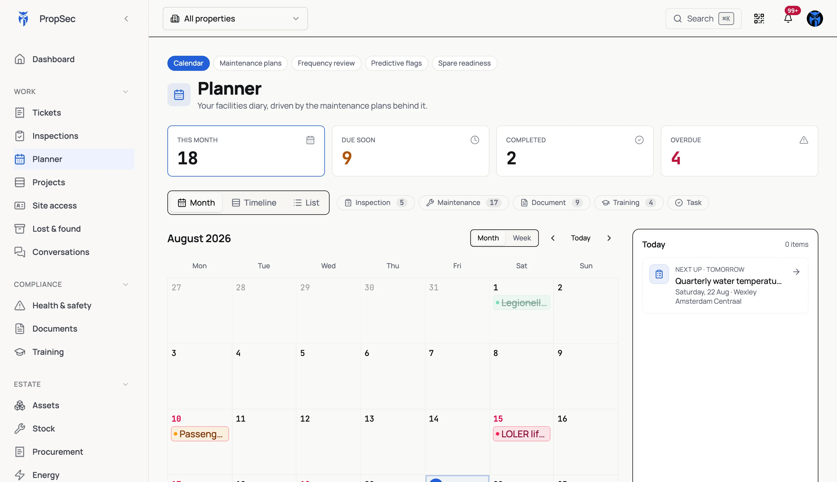 The PropSec planner showing the month's inspections and maintenance visits