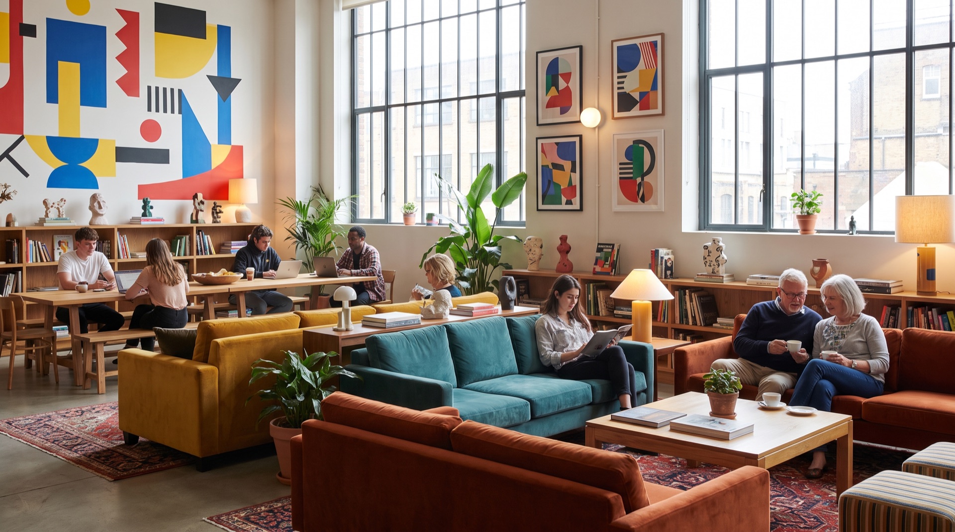 A vibrant, design-led hotel lounge with diverse guests relaxing