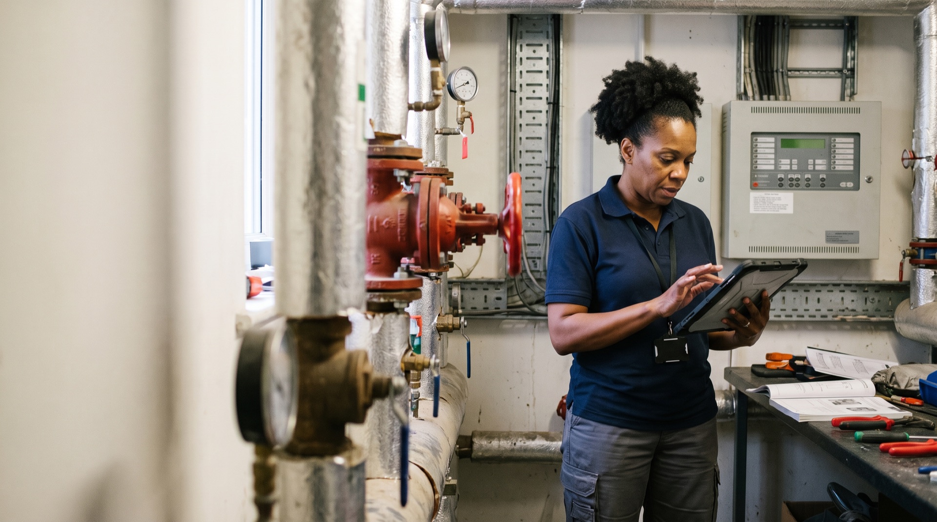 A facilities manager reviewing a maintenance checklist on a tablet in a hotel plant room