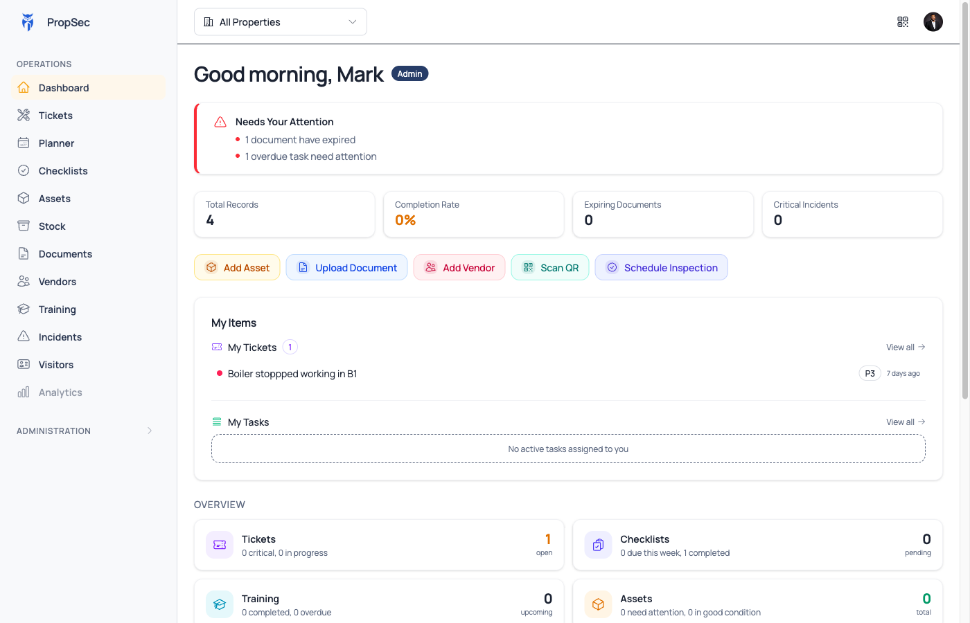 PropSec dashboard: estate compliance and maintenance at a glance